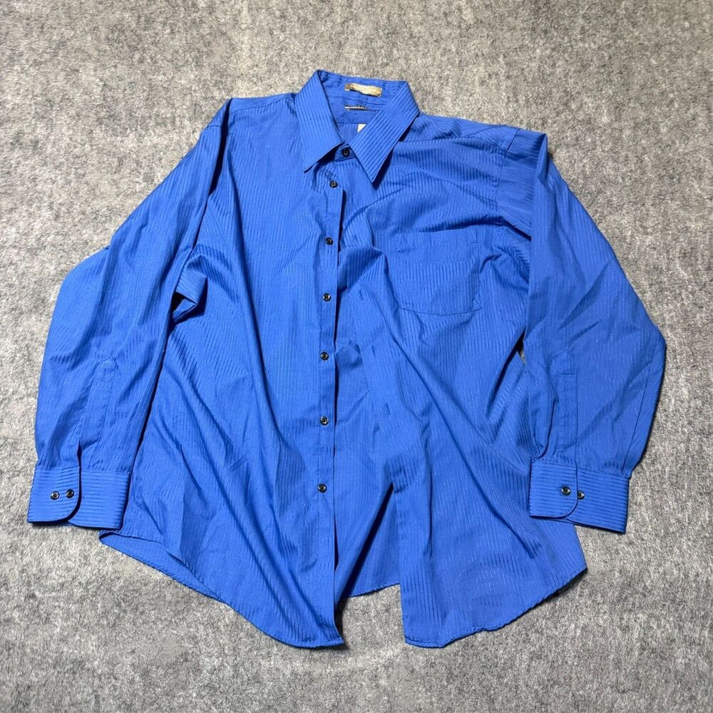 Van Heusen Mens Fitted Shirt Size 17 32/33XL Blue Satin Stripe Long Sleeve